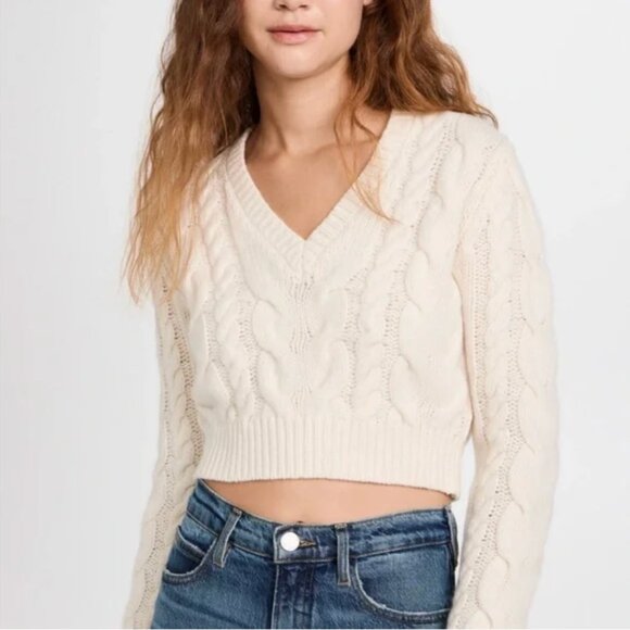 Frame Ivory Cable Knit Merino Wool V-Neck Cropped Sweater - Picture 1 of 6